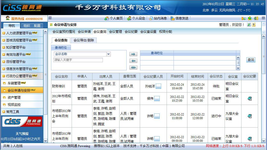 CISS跨网通OA办公系统会议申请与安排系统图